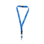 The BOEING Raised Symbol Lanyard is displayed on a white background, featuring blue fabric with white BOEING text and logos. It is equipped with a black plastic safety breakaway buckle and a silver metal clip at the end. Designed for industrial-grade durability, this lanyard offers both security and reliability.