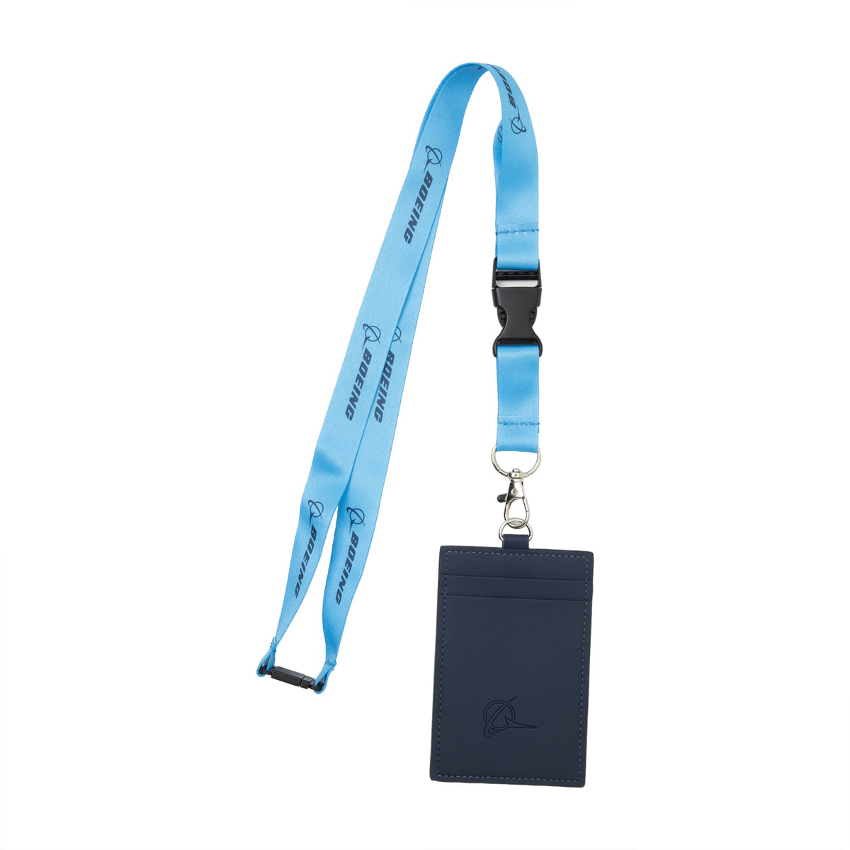 The Boeing Signature Logo Lanyard With Badge Holder by BOEING features a blue lanyard with logo print, a navy badge holder with dolphin design, and a secure metal clasp.