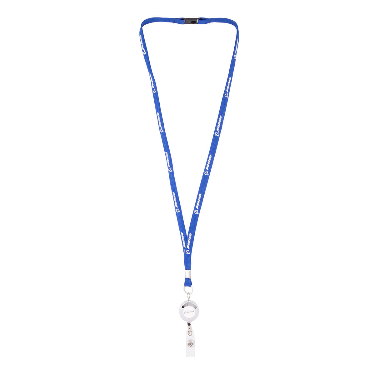 Boeing Signature Blue Lanyard, a blue breakaway lanyard printed with repeating white logos, featuring a retractable badge holder and a metal clip.