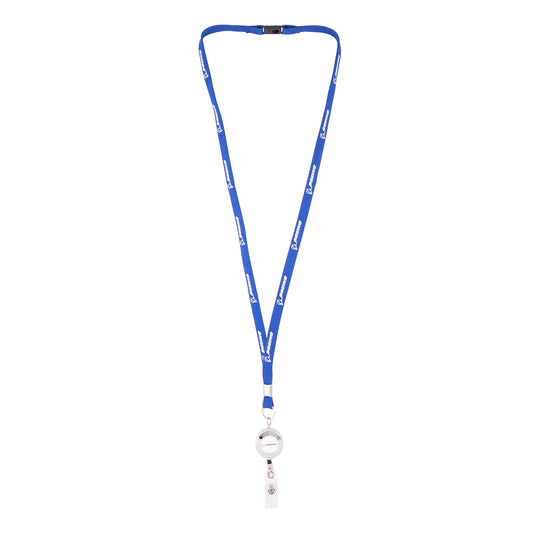 Boeing Signature Blue Lanyard, a blue breakaway lanyard printed with repeating white logos, featuring a retractable badge holder and a metal clip.