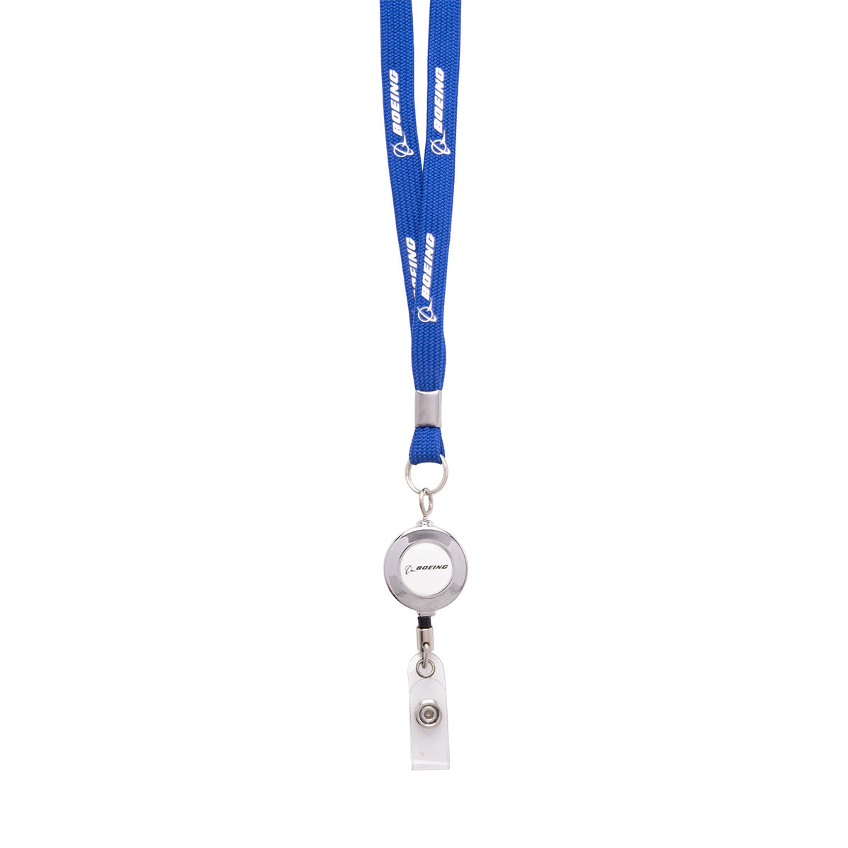 Boeing Signature Blue Lanyard featuring a retractable badge holder with a metal clip.