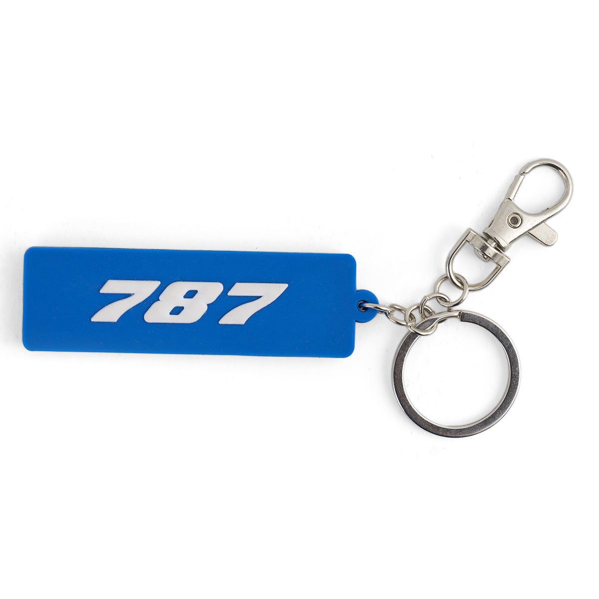 The BOEING 787 Dreamliner Series Keychain is a blue rectangular PVC keychain with the number 787 in white, attached to a metal ring and silver lobster clasp—ideal for aviation fans.