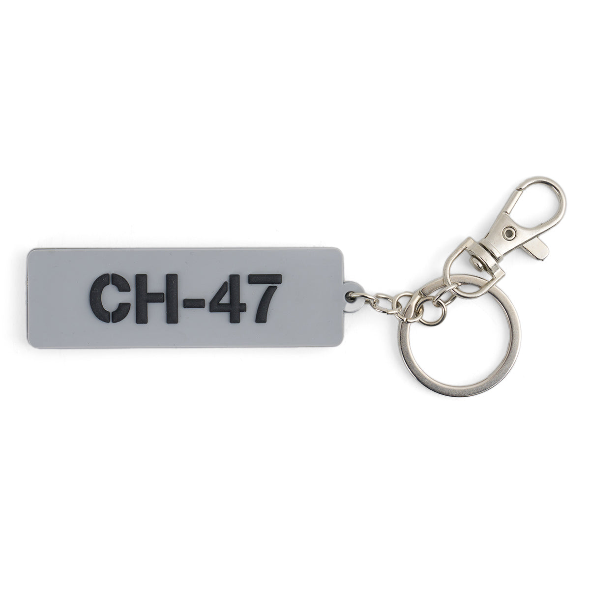 The Boeing CH-47 Chinook Series Keychain by BOEING features a gray rectangular design with CH-47 in black, attached to a metal keyring and lobster clasp—ideal for aviation enthusiasts or CH-47 helicopter fans.