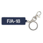 The BOEING F/A-18 Super Hornet Series Keychain is a navy blue rectangular accessory with FA-18 cut out, attached to a metal ring and silver clasp—ideal for aviation enthusiasts and Boeing fans.
