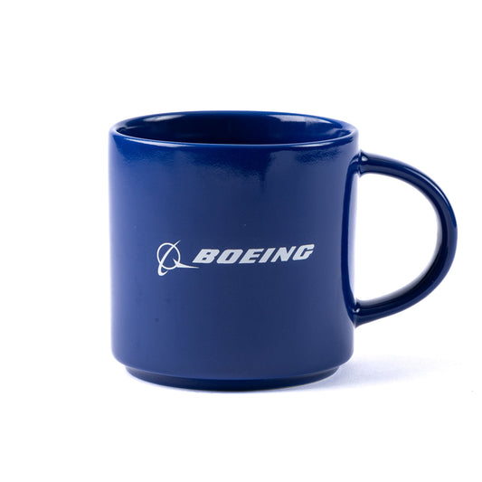 Showing other side of the mug. Boeing blue mug with a white Boeing signature logo center on both sides.