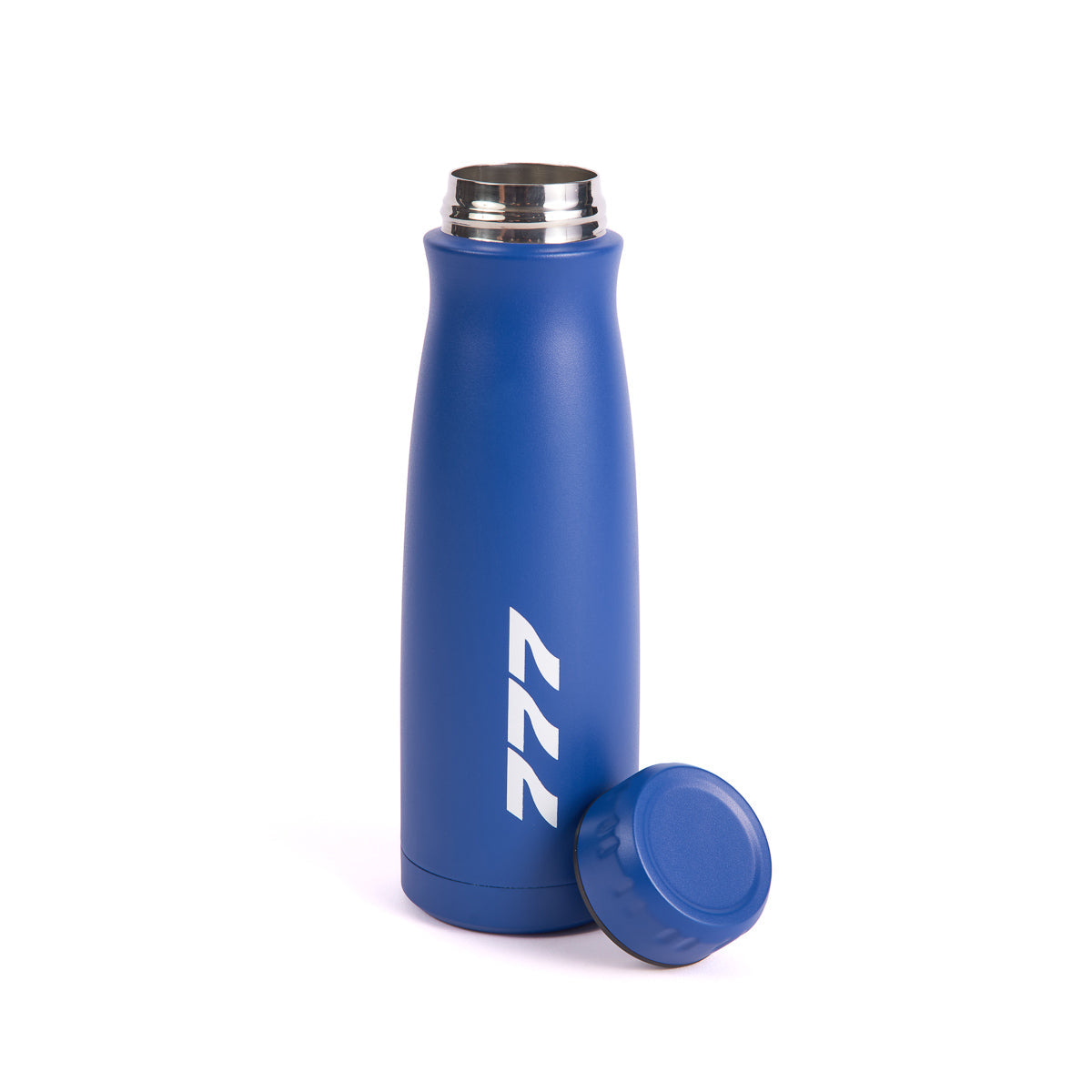 A Boeing 777 Stratotype 17 oz Water Bottle by The Boeing Store, blue with a white zigzag design near the base and a screw-on lid beside it, is shown against a plain white background.
