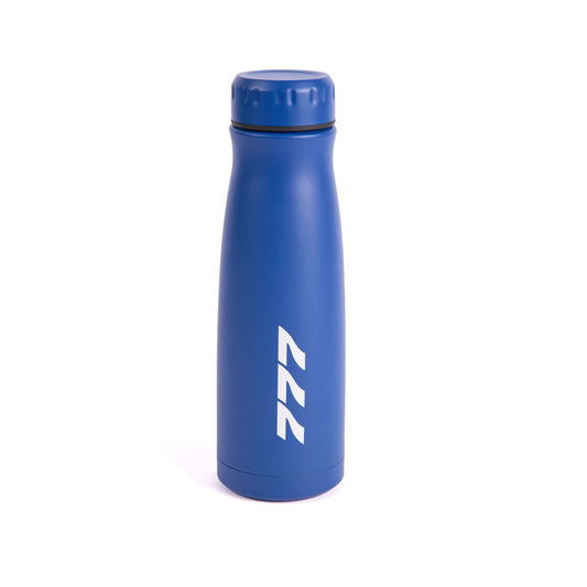 A blue 17 oz Boeing 777 Stratotype water bottle from The Boeing Store, featuring insulation, a screw-on lid, and a white zigzag logo on the front, photographed on a white background.