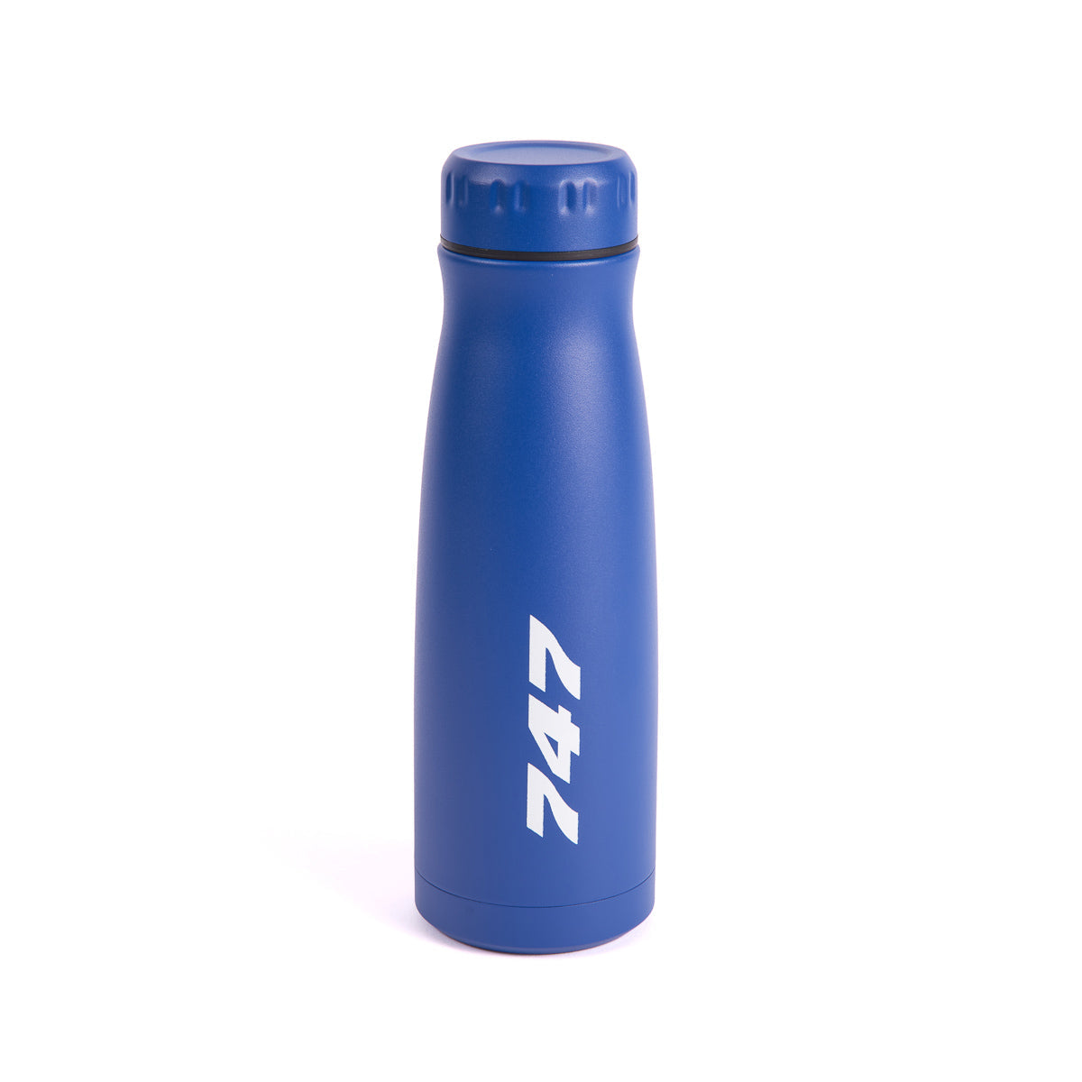 The Boeing Store’s Boeing 747 Stratotype 17 oz Water Bottle is royal blue with a white "747" printed vertically and a screw cap, shown upright on a white background.