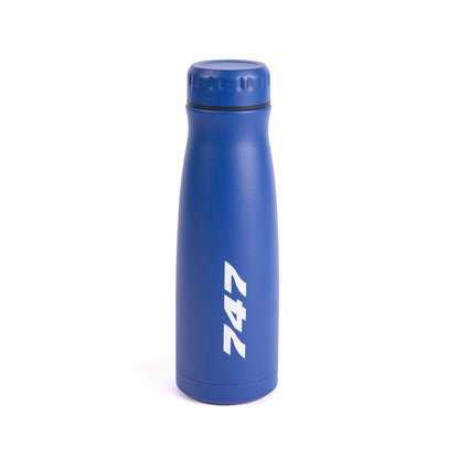 The Boeing Store’s Boeing 747 Stratotype 17 oz Water Bottle is royal blue with a white "747" printed vertically and a screw cap, shown upright on a white background.