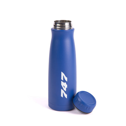 Next to it is The Boeing Store’s Boeing 747 Stratotype 17 oz Water Bottle in royal blue, featuring bold vertical white “747” numbers on the side—perfect for aviation enthusiasts.