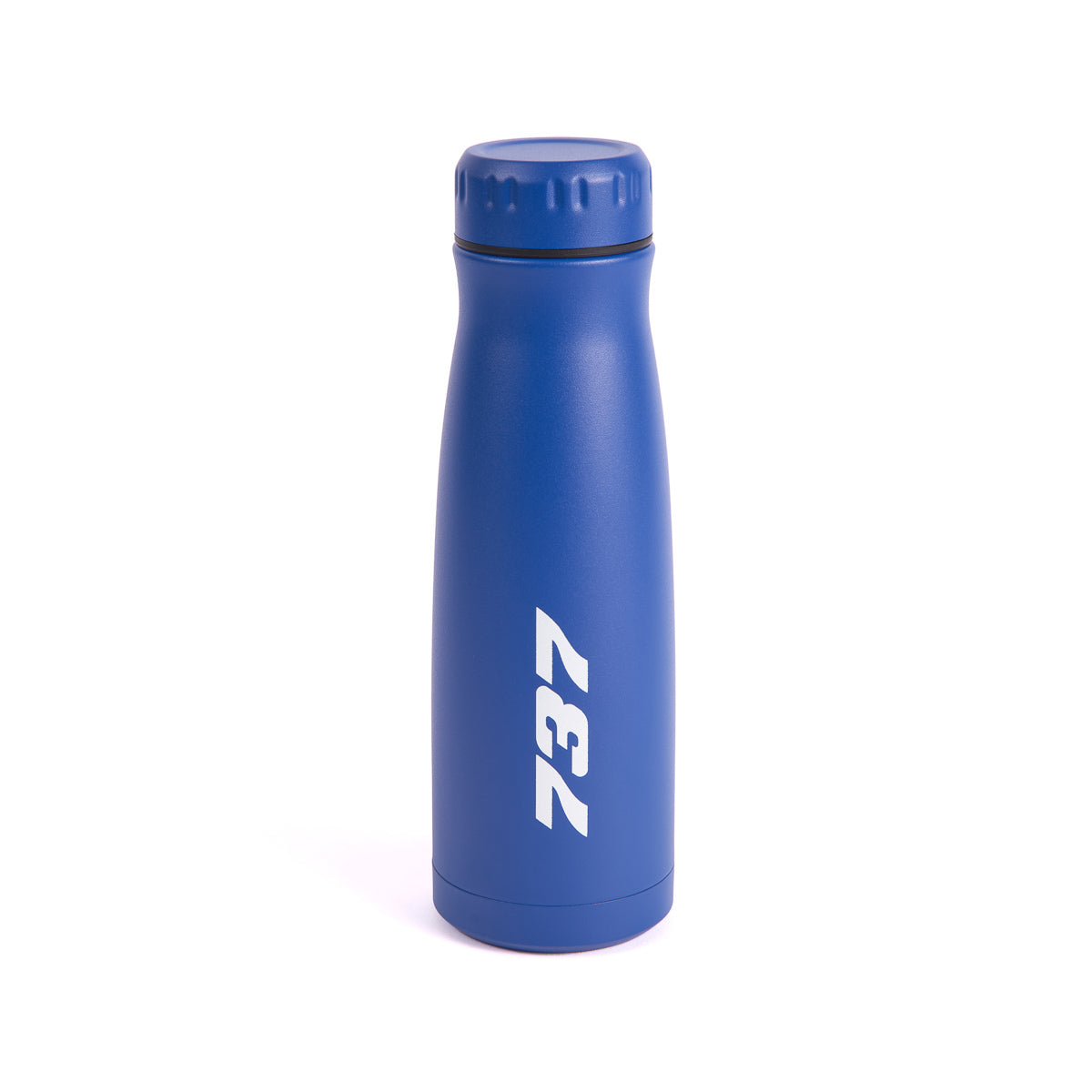 The Boeing Store's Boeing 737 Stratotype 17 oz Water Bottle features blue stainless steel, a screw-on lid, and the number 737 printed vertically in white—ideal for aviation fans. Displayed on a plain white background.
