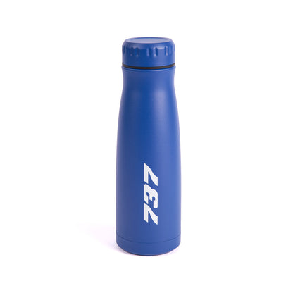 The Boeing Store's Boeing 737 Stratotype 17 oz Water Bottle features blue stainless steel, a screw-on lid, and the number 737 printed vertically in white—ideal for aviation fans. Displayed on a plain white background.