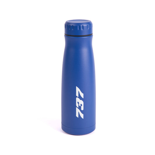 The Boeing Store's Boeing 737 Stratotype 17 oz Water Bottle features blue stainless steel, a screw-on lid, and the number 737 printed vertically in white—ideal for aviation fans. Displayed on a plain white background.