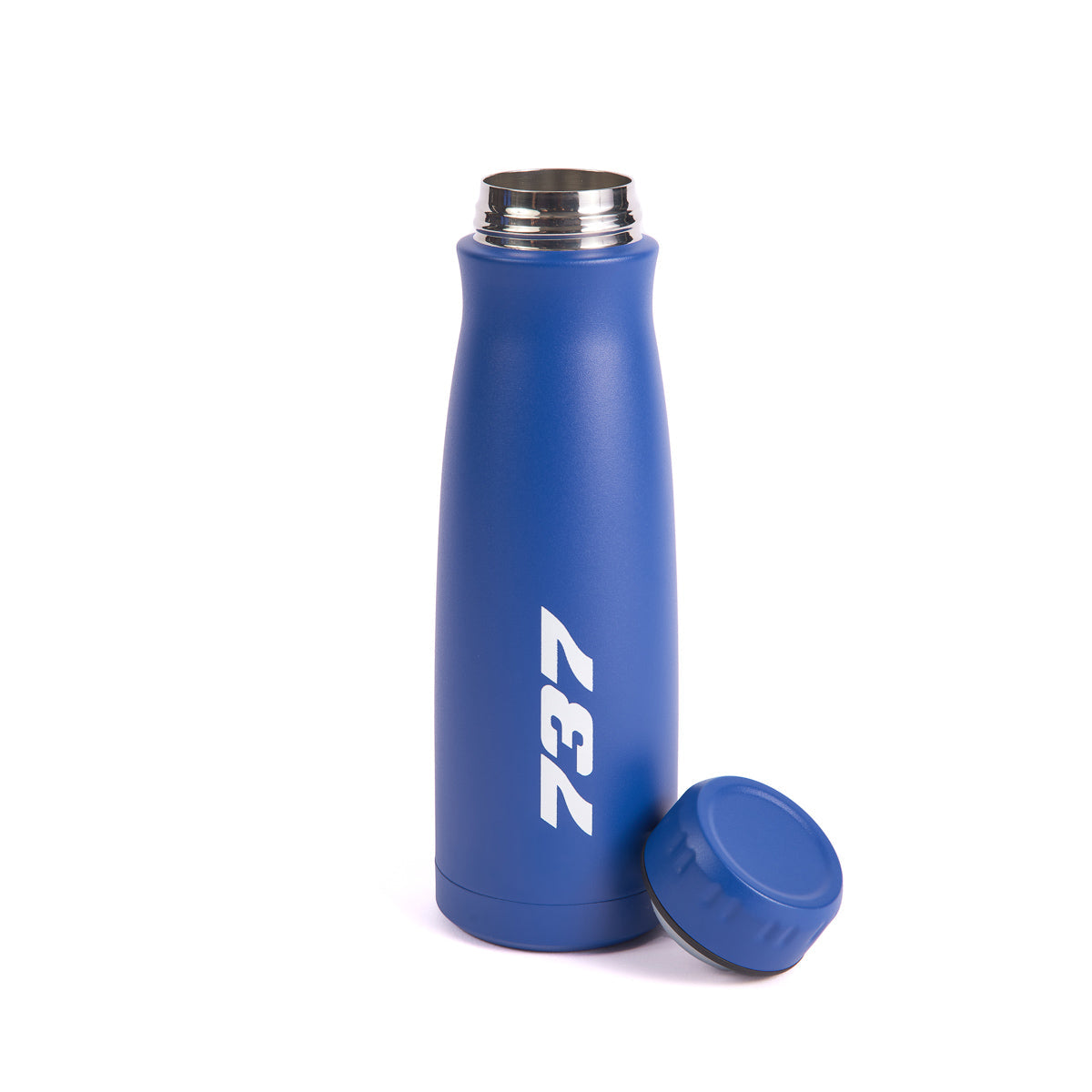 The Boeing Store’s blue 17 oz stainless steel Boeing 737 Stratotype Water Bottle features a wide mouth, the white “737” printed vertically, and comes with a matching cap—ideal for collectors—shown on a white background.