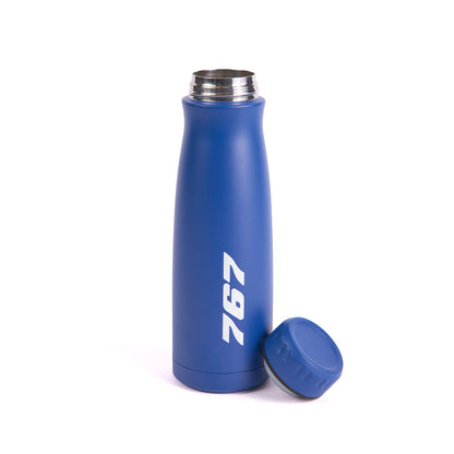 The Boeing Store's 17 oz Boeing 767 Stratotype insulated water bottle in blue features a white vertical '767' print, shown with its lid off beside it on a white background.