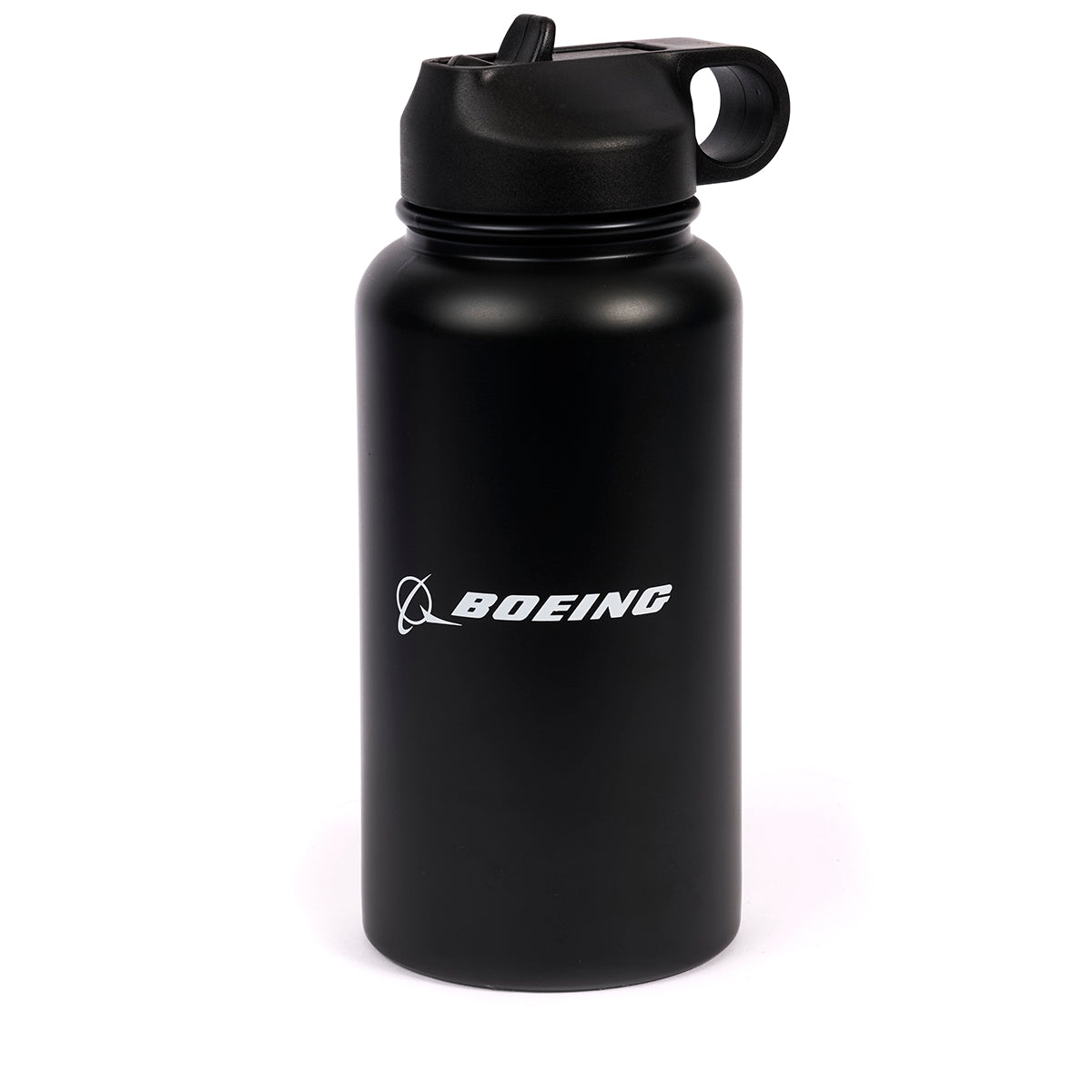 The Boeing Store’s Boeing Signature Logo 26 oz Water Bottle features a matte black, double-wall insulated design with a screw-on lid and handle, plus the white Boeing logo on the front.