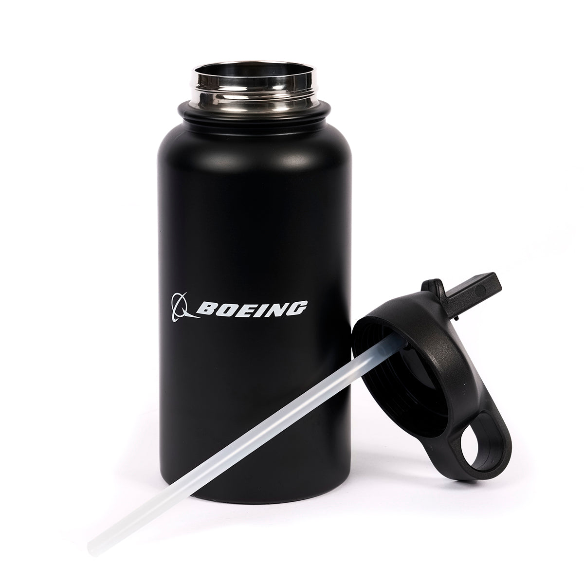 The Boeing Store's Boeing Signature Logo 26 oz Water Bottle is black, double-wall insulated, features a metal rim, printed Boeing logo on the front, and comes with a detachable lid and an attached straw resting beside the bottle.