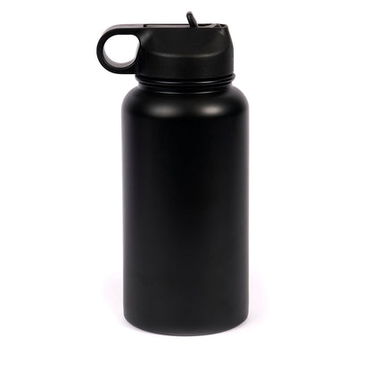 The Boeing Store’s Boeing Signature Logo 26 oz Water Bottle features matte black stainless steel, a wide mouth, flip-top lid, built-in handle, and double-wall insulation to keep drinks hot or cold for hours on the go.
