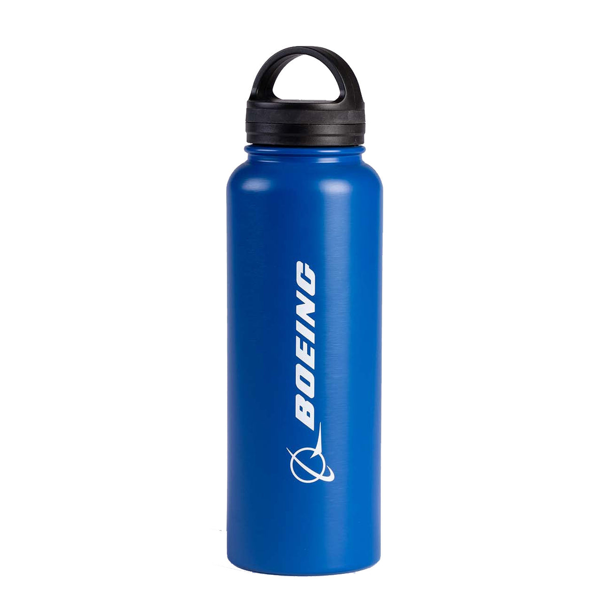 The Boeing Store's Boeing Signature Logo 32 oz Water Bottle is blue stainless steel with a black screw-on lid and handle, and features the white Boeing logo printed vertically. BPA free, it combines style and practicality.