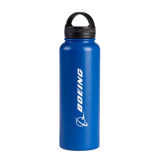 The Boeing Store's Boeing Signature Logo 32 oz Water Bottle is blue stainless steel with a black screw-on lid and handle, and features the white Boeing logo printed vertically. BPA free, it combines style and practicality.