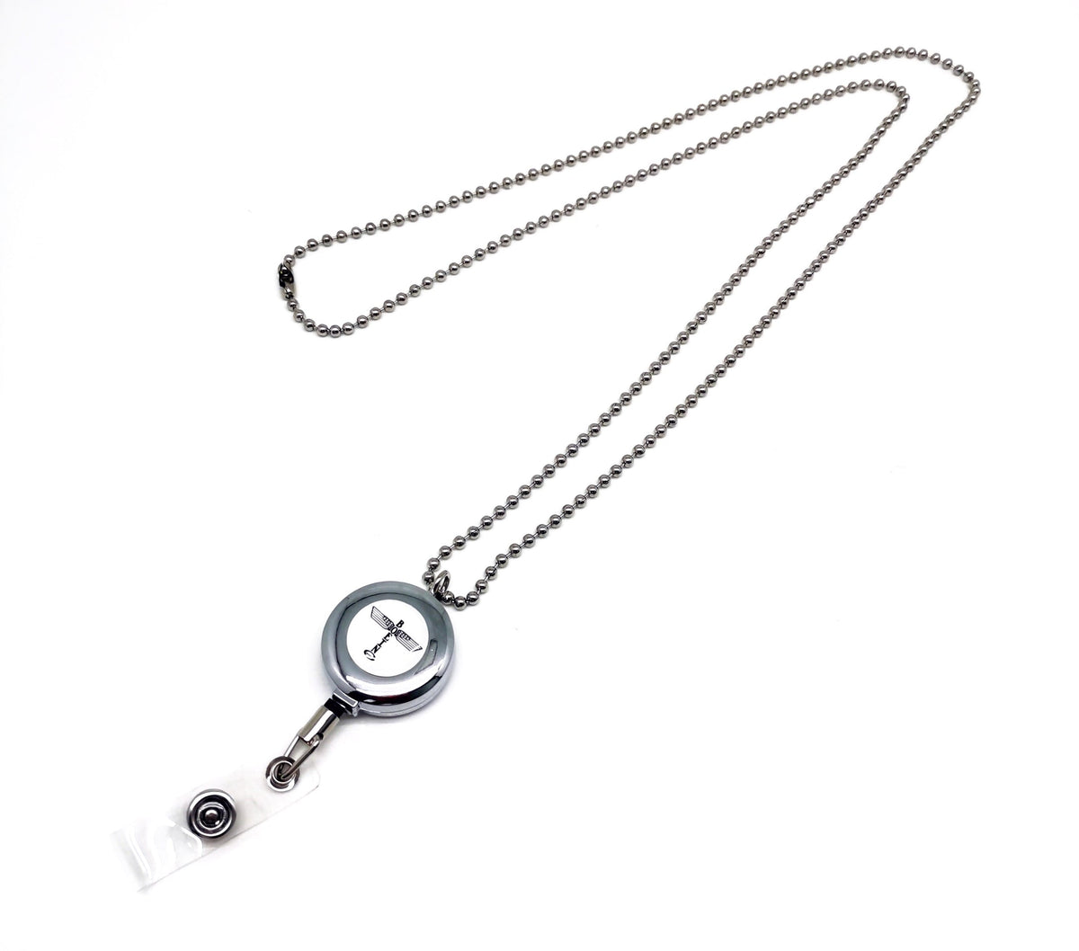 The Boeing Store offers a Boeing Airplane Company Logo Lanyard featuring a retractable badge holder with a copper chain necklace. It includes a circular plastic casing with a metal clip and small compass design, all isolated on a white background.