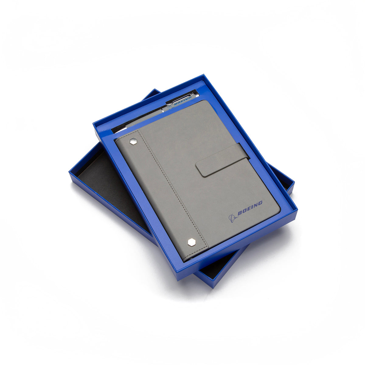 The BOEING Signature Logo Notebook Pen Set features a gray soft PU leather notebook with magnetic closure and a signature pen, elegantly presented in an open blue gift box on a white background.