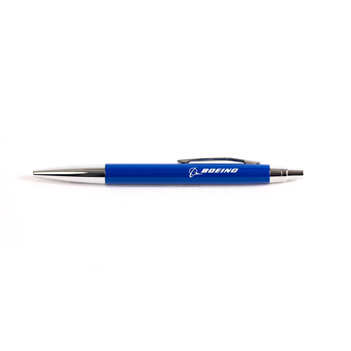 The Boeing Store’s Boeing 747 Stratotype Pen is a blue and silver retractable ballpoint with the Boeing logo and text on the barrel, ideal for aviation fans or Boeing 747 enthusiasts, displayed on a white background.