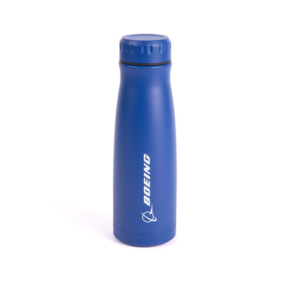 The Boeing Store’s 17 oz Boeing 767 Stratotype Water Bottle is blue with a screw-on lid, featuring the white Boeing logo and name vertically—a perfect aviation accessory for fans. Displayed upright on a plain white background.