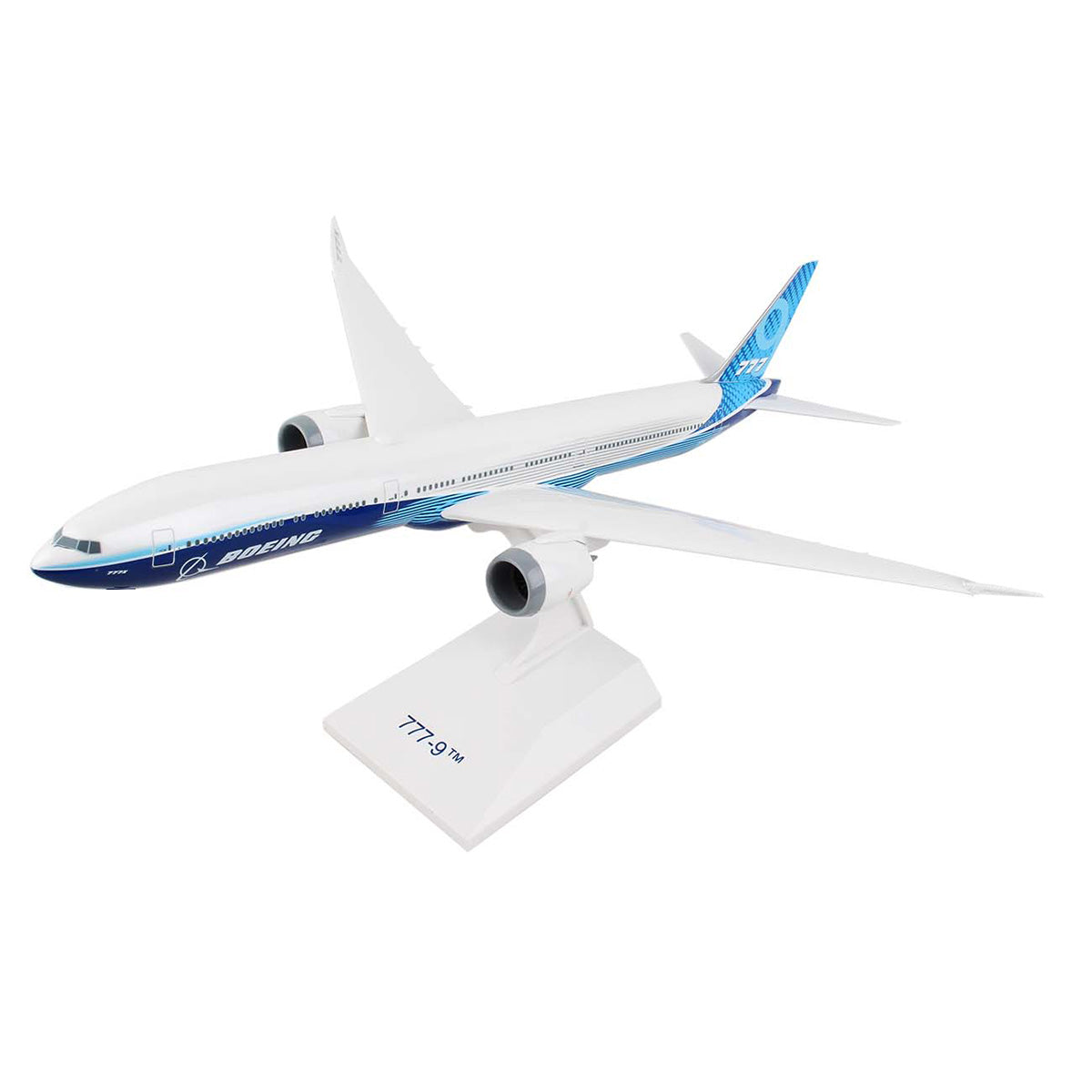 The Boeing Stores Boeing Unified 777-9 Foldable Wing Tips 1:200 Model features blue and white livery, folding wingtips, and comes mounted on a white display stand labeled 777-9.