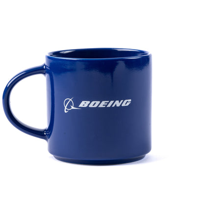 Boeing blue mug with a white Boeing signature logo center on both sides.