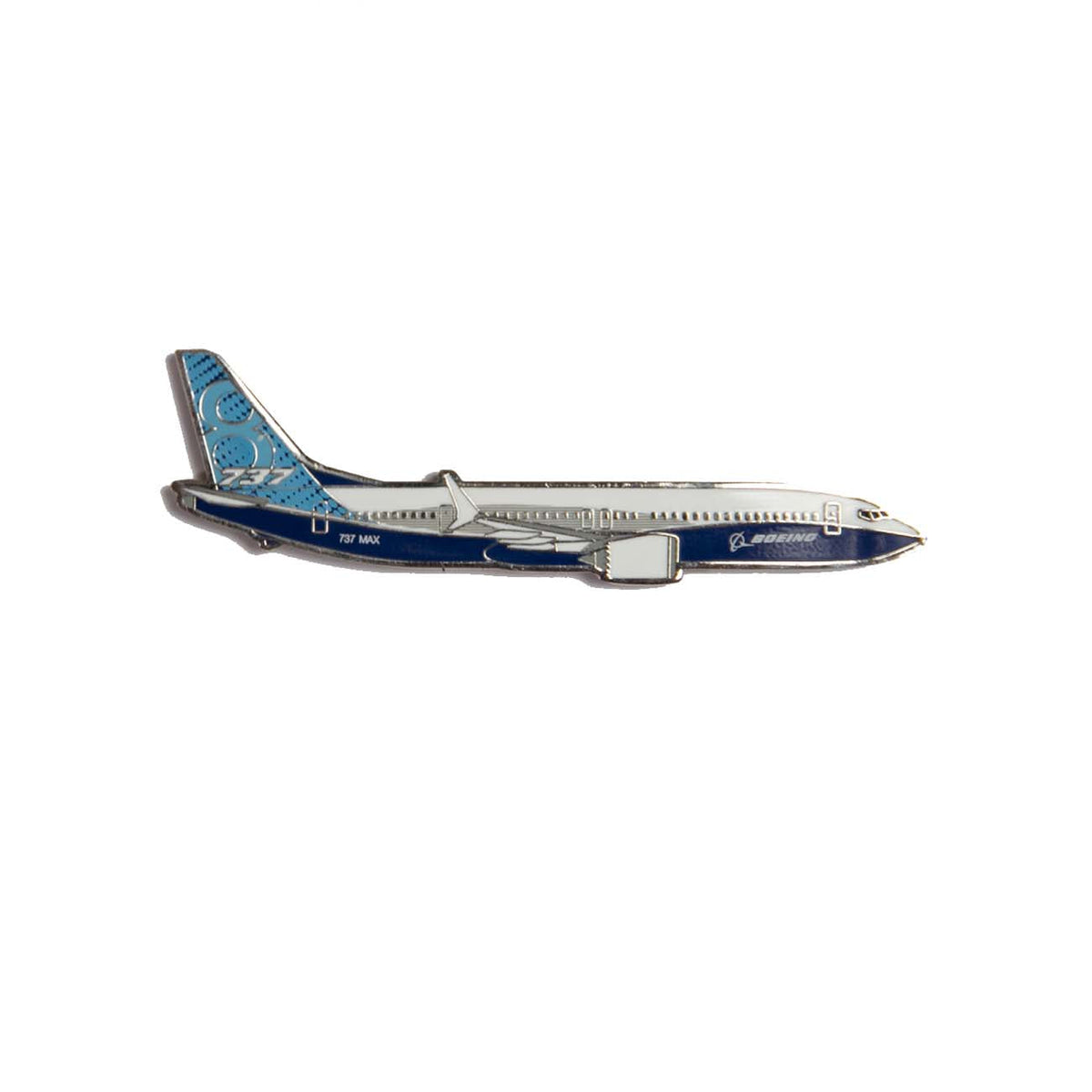 The Boeing Store’s Boeing 737 MAX Illustrated Magnet features an enamel color fill design of a blue and white commercial airplane with the 737 MAX logo, shown in side view, on a plain white background.