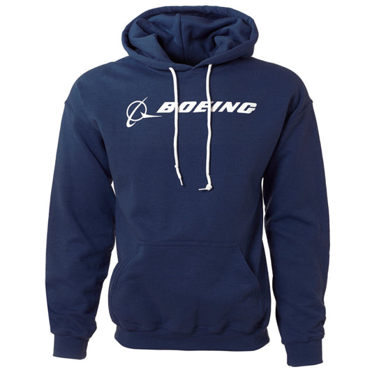 Navy hoodie with white Boeing signature logo across the chest.  Front kangaroo pouch and white drawstrings.